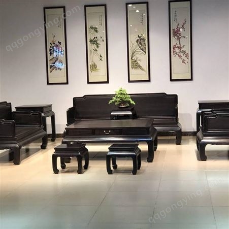 中山办公室红木家具沙发10套款式图片 黑酸枝古典明式素面罗汉床沙发